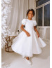 Short Puff Sleeves White Satin Tulle Flower Girl Dress